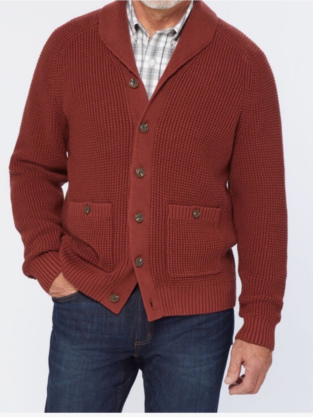 Duluth Trading Co Men's Shawl Collar Cardigan in Rust